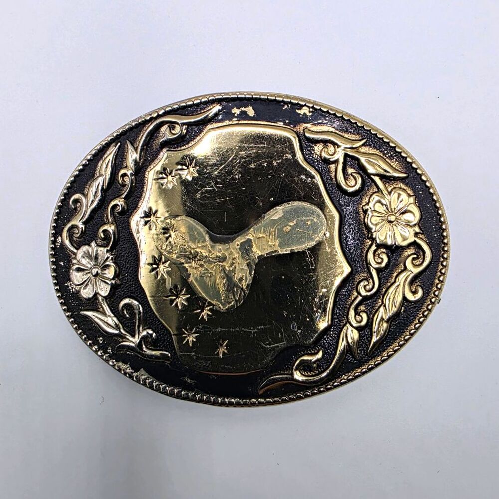 Western Longhorn Steer Skull Belt Buckle Black Gold Silver Tone Floral Cowboy